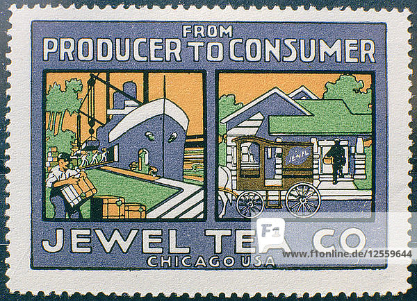 Etikett mit Werbung für die Jewel Tea Co aus Chicago  USA. Künstler: Unbekannt