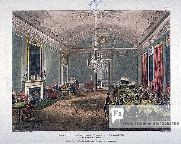 Der große Subskriptionsraum  Innenraum des Brooks Club  St. Jamess Street  London  1808. Künstler: Augustus Charles Pugin