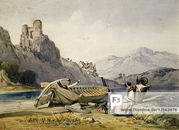 Figures and a boat on the shore of a lake  a house and ruined castle in the background  c1830s. Artist: Alfred Gomersal Vickers