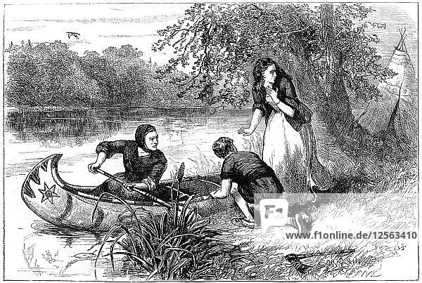 Frau Dunstan auf der Flucht den Merrimac hinunter  Ende des 17. Jahrhunderts(?) (um 1880). Künstler: Unbekannt