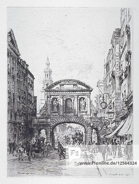 View of the east side of Temple Bar  London  1877. Artist: Alfred-Louis Brunet-Debaines