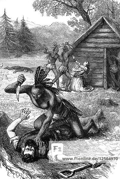 Massaker an Siedlern durch amerikanische Ureinwohner  17. Jahrhundert (ca. 1880). Künstler: Unbekannt