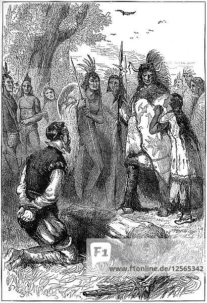 Pocahontas rettet Kapitän Smiths Leben  1607 (um 1880). Künstler: Unbekannt