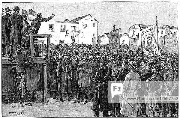 Polizisten bewachen einen Regierungsreporter bei einer Wahlkampfveranstaltung  Irland  1887. Künstler: Unbekannt