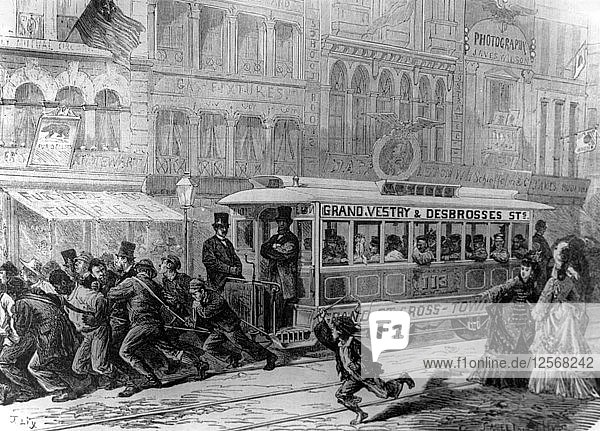 Straßenbahn  die von Männern gezogen wird  USA  1872. Künstler: Unbekannt