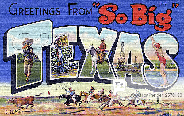 Grüße aus So Big Texas  Postkarte  1937. Künstler: Unbekannt