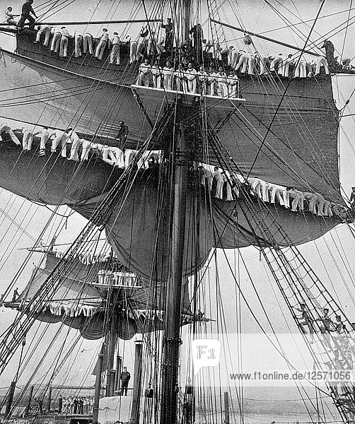 Reefing topsails on board the training ship HMS Impregnable  Devonport  Devon  1896.Artist: WM Crockett