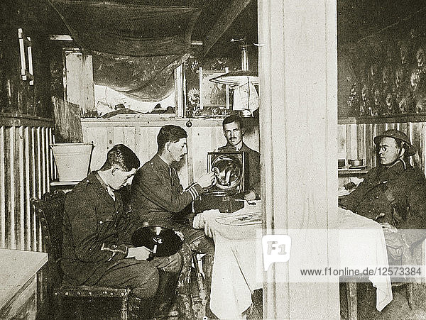 British soldiers in a captured German dugout Somme campaign France World War I 1916. Artist: Unknown