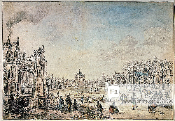 Winterlandschaft mit Schlittschuhläufern  holländische Malerei des 17. Jahrhunderts. Künstler: Aert van der Neer