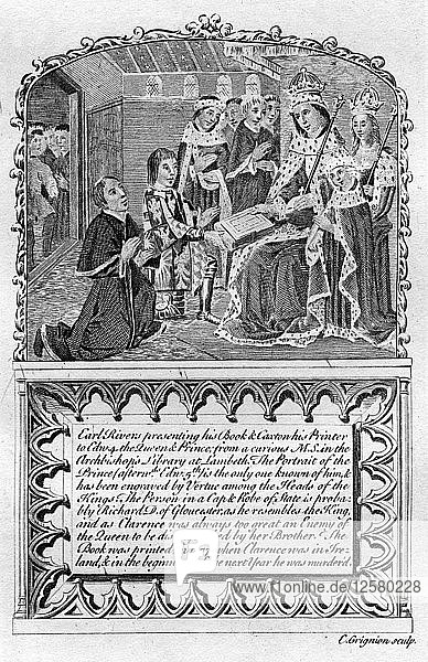 Graf Rivers präsentiert König Edward IV. sein Buch  um 1477 (Ende 18. oder Anfang 19. Jahrhundert(?)). Künstler: Charles Grignion