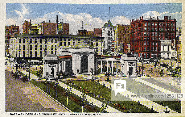 Gateway Park und Nicollet Hotel  Minneapolis  Minnesota  USA  1915. Künstler: Unbekannt