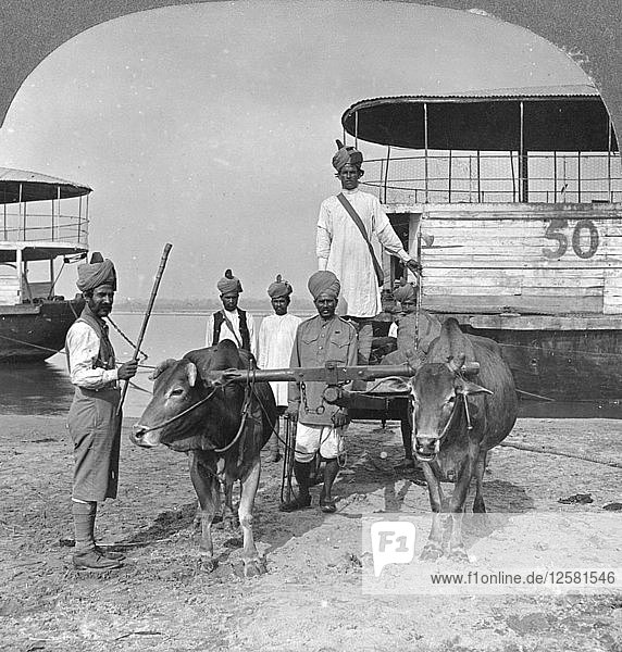 Military transport cart with an escort of Indian soldiers  Burma  1898. Artist: Stereo Travel Co