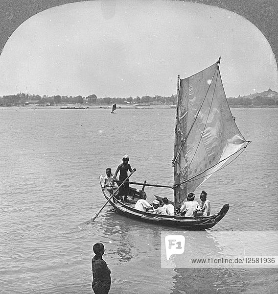 A sailing boat on the Irawaddy River  Burma  1908. Artist: Stereo Travel Co