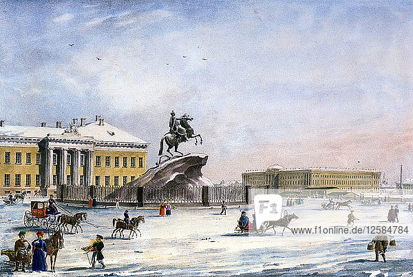 Denkmal von Peter dem Großen auf dem Senatsplatz in St. Petersburg  Russland  Winter 1822. Künstler: Anon