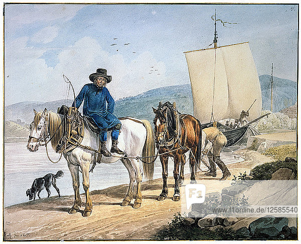 Ein Pferd und ein Wagen am Fluss  1817. Künstler: Johann Adam Klein