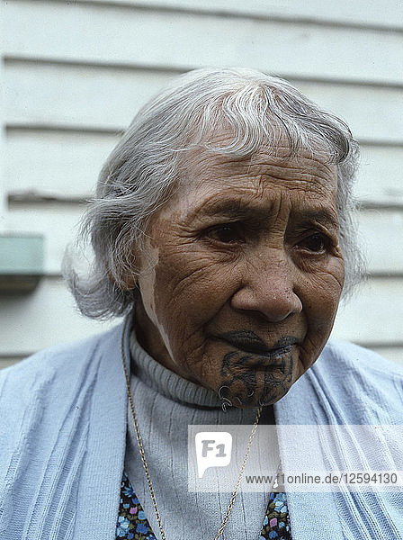An elderly Maori woman reputed to be the last survivor with facial tattooing.