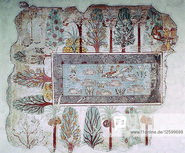 Egyptian wall-painting of an ornamental pool with fish  14th century BC. Artist: Unknown