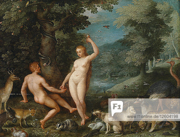 Paradiesische Landschaft mit Eva  die Adam verführt. Künstler: Brueghel  Jan  der Jüngere (1601-1678)