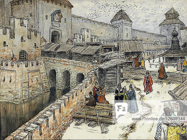 Moscow in the 17th Century. Bookshops on the Christ the Saviour Bridge 1902. Artist: Vasnetsov Appolinari Mikhaylovich (1856-1933)