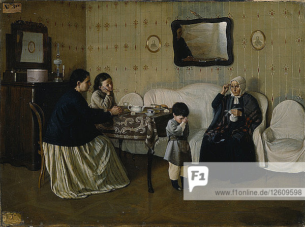 Ein Familienmorgen. Dem Kind das Beten beibringen  1871. Künstler: Rumjanzew  Andrej Antipowitsch (?-1907)