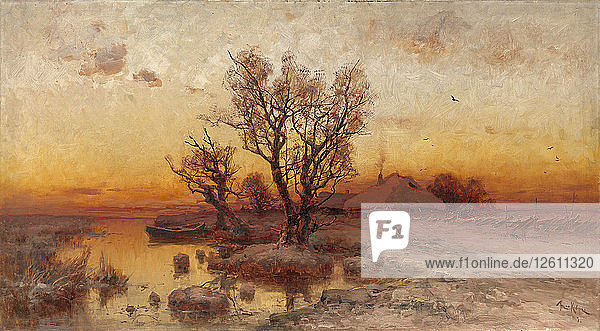 Sonnenuntergang über einem ukrainischen Weiler  1915. Künstler: Klever  Juli Julievich (Julius)  von (1850-1924)