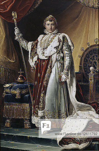 Porträt von Kaiser Napoléon I. Bonaparte (1769-1821) in seinem Krönungsgewand  um 1804. Künstler: Gérard  François Pascal Simon (1770-1837)