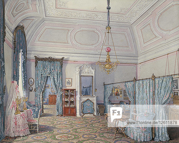 Interiors of the Winter Palace. The Fifth Reserved Apartment. The Bedroom of Grand Princess Maria Alexandrovna  1873. Artist: Hau  Eduard (1807-1887)
