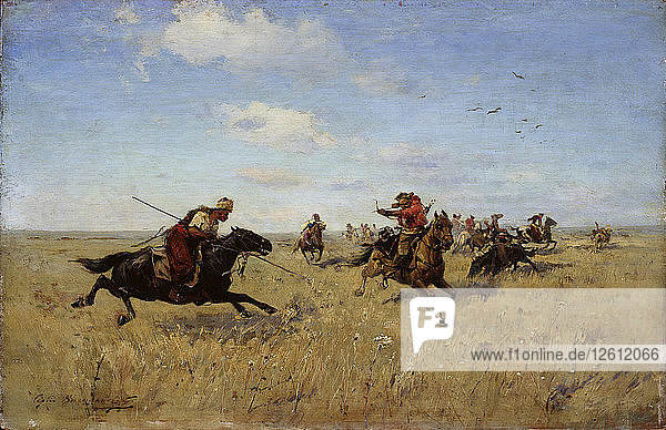 Kampf zwischen Dnjepr-Kosaken und Tataren  1892. Künstler: Wasilkowski  Sergej Iwanowitsch (1854-1917)