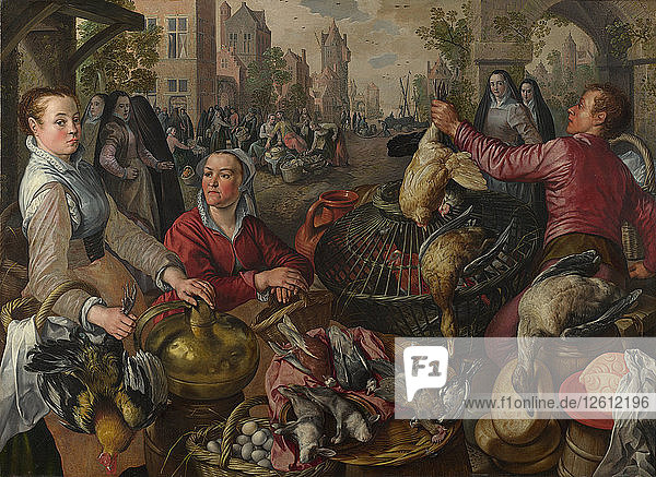 Die vier Elemente: Luft. Ein Geflügelmarkt mit dem Verlorenen Sohn im Hintergrund  1569. Künstler: Beuckelaer  Joachim (ca. 1533-1574)