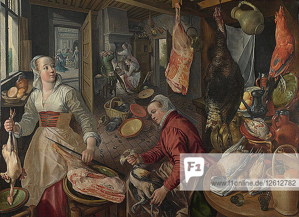 Die vier Elemente: Das Feuer. Eine Küchenszene mit Christus im Haus von Martha und Maria im Hintergrund  1569. Künstler: Beuckelaer  Joachim (ca. 1533-1574)