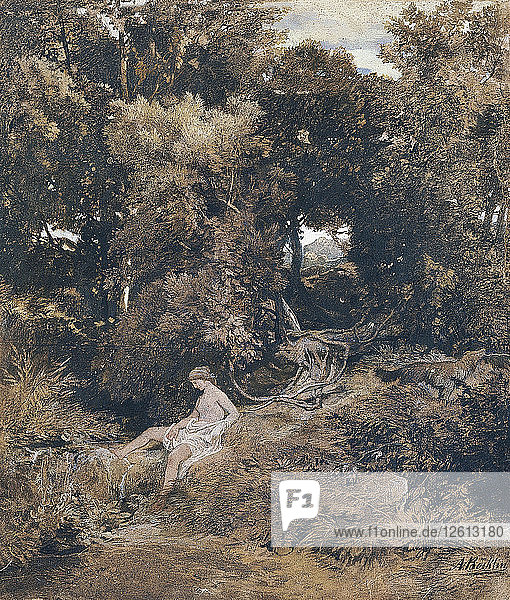 Eine Nymphe am Brunnen (Pan  der eine Nymphe verfolgt)  1855. Künstler: Böcklin  Arnold (1827-1901)