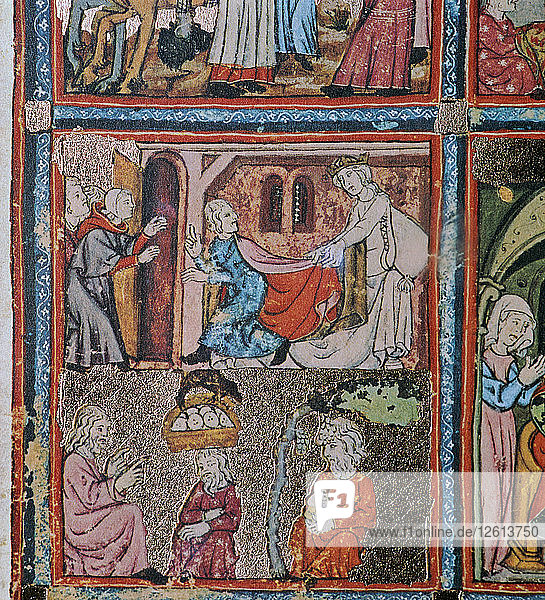 Joseph and Potiphars wife andJoseph in prison interpreting dreams  14th century. Artist: Unknown
