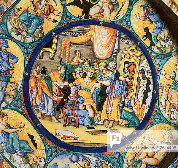 Italian earthenware plate showing the birth of Hercules. Artist: Unknown