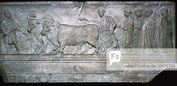 Roman relief showing the ritual plowing of the boundaries of a new city. Artist: Unknown