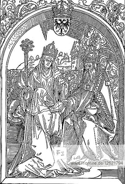 Hrotsvitha überreicht dem Kaiser Otto I. ihr Buch  1501 (1906). Künstler: Albrecht Dürer.