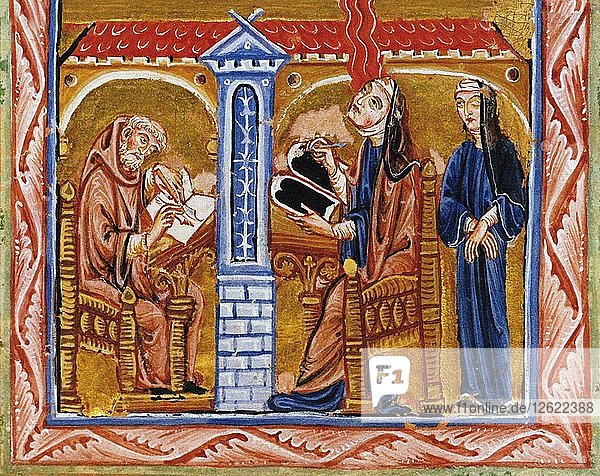 Hildegard erhält eine Vision in Anwesenheit ihres Sekretärs Volmar und ihres Vertrauten Richardis  ca. Künstler: Anonym