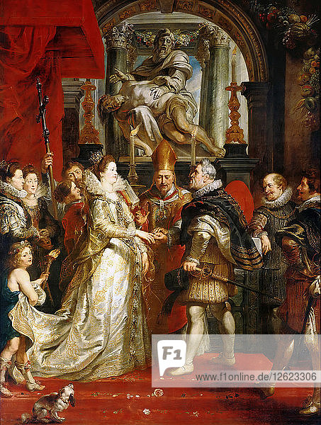 Die stellvertretende Hochzeit von Marie de Medici mit König Heinrich IV (Der Marie de Medici-Zyklus). Künstler: Rubens  Pieter Paul (1577-1640)