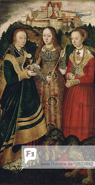 Altarbild mit dem Martyrium der heiligen Katharina  rechter Flügel: Die Heilige Barbara  Ursula und Margarete Künstler: Cranach  Lucas  der Ältere (1472-1553)