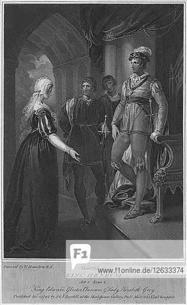 Third Part of King Henry VI. Act 3. Scene 2. King Edward  Gloucester  Clarence & Lady Elizabeth Gre Artist: Thomas Holloway.