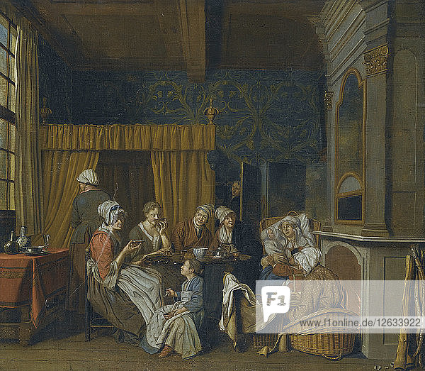 Eine Familie trinkt Tee  während sie die Geburt von Zwillingen feiert. Künstler: Horemans  Jan Josef  der Jüngere (1714-1790)