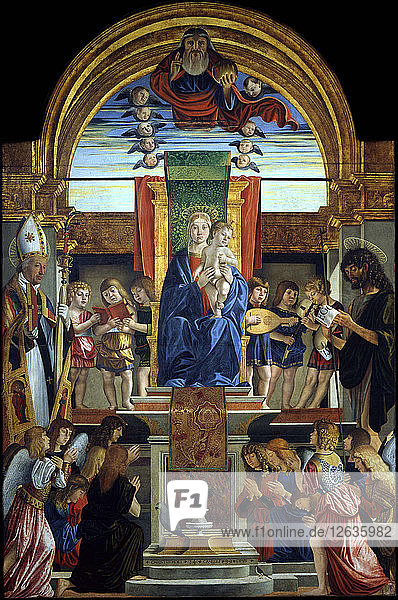 The Virgin and Child Enthroned with God the Father and Saints Hilarius and John the Baptist  1499. Artist: Caselli  Cristoforo (ca 1460-1521)