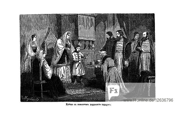 Der junge Peter der Große erhält Geschenke von den Kaufleuten  1875. Künstler: Anonym