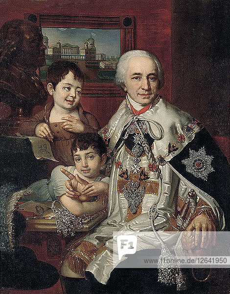 Porträt des Admirals Graf Grigorij Grigorjewitsch Kushelev (1754-1833) mit Kindern  1801. Künstler: Borowikowski  Wladimir Lukitsch (1757-1825)