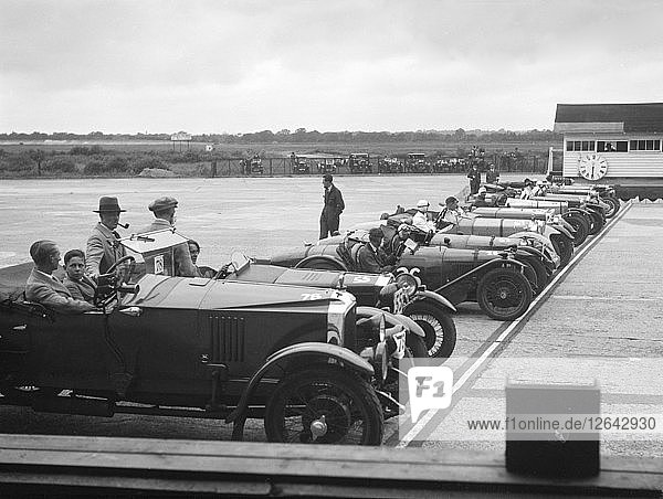 Cars on the start line at the JCC Members Day  Brooklands  4 July 1931. Artist: Bill Brunell.