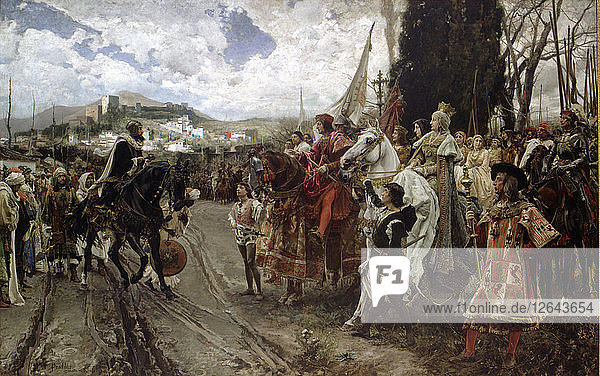 Die Kapitulation von Granada  zwischen den katholischen Königen und Boabdil am 2. Januar 1492. Öl von 1832.