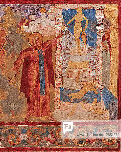 Abraham von Rostow zerstört die Veless-Statue. Fresko in der Kirche des Heiligen Apostels Johannes in Ros