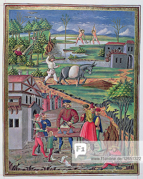 Landleben und Handspiele  Illustration in De Sphera  illuminierte Handschrift  15. Jahrhundert.