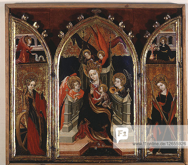 Triptychon der Jungfrau Maria  Tempera auf Tafel  um 1400 bis 1430. Auf der zentralen Tafel ist die Virgi?