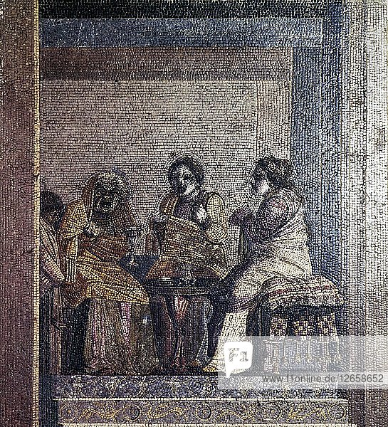 Römisches Mosaik einer Szene aus einem Theaterstück mit maskierten Schauspielern  Villa des Cicero  Pompeji  2. Jahrhundert v. Chr. Künstler: Dioskurides von Samos.