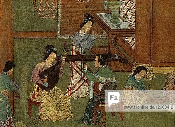 Chinesische Laute pi-pa  Mondgitarre yue-chin und Tischzither tchin; Detail eines Gemäldes auf Seide von Künstler: Unbekannt'.